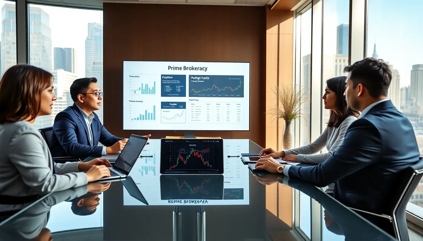 diverse team discussing prime brokerage services in a modern conference room.