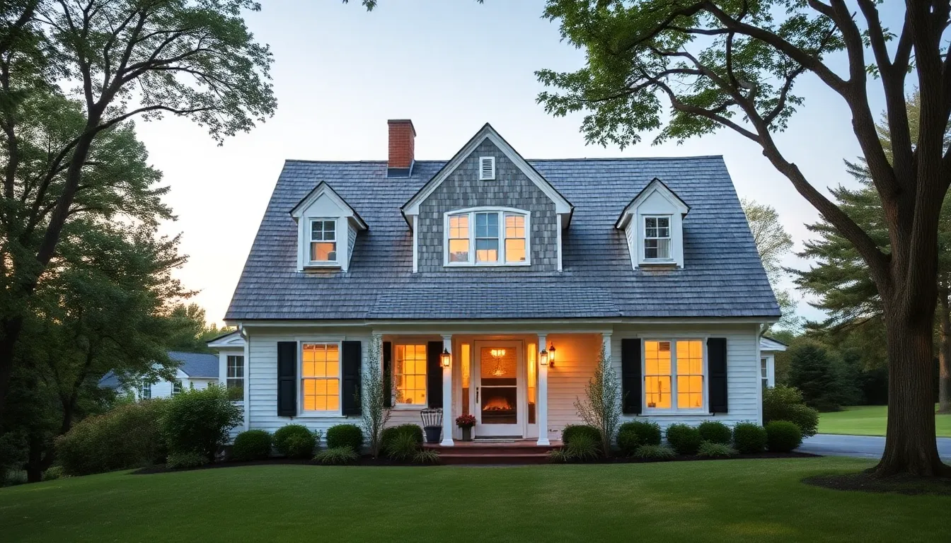Cape style home with steep roof and serene New England setting.
