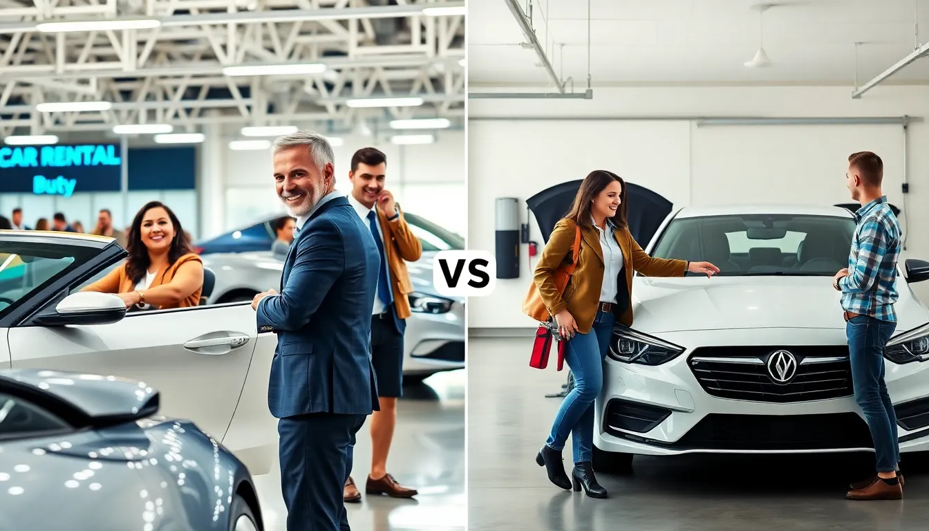 illustration of renting versus buying a car in a professional setting.