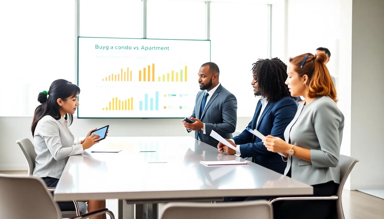 professionals discussing buying a condo versus renting an apartment.