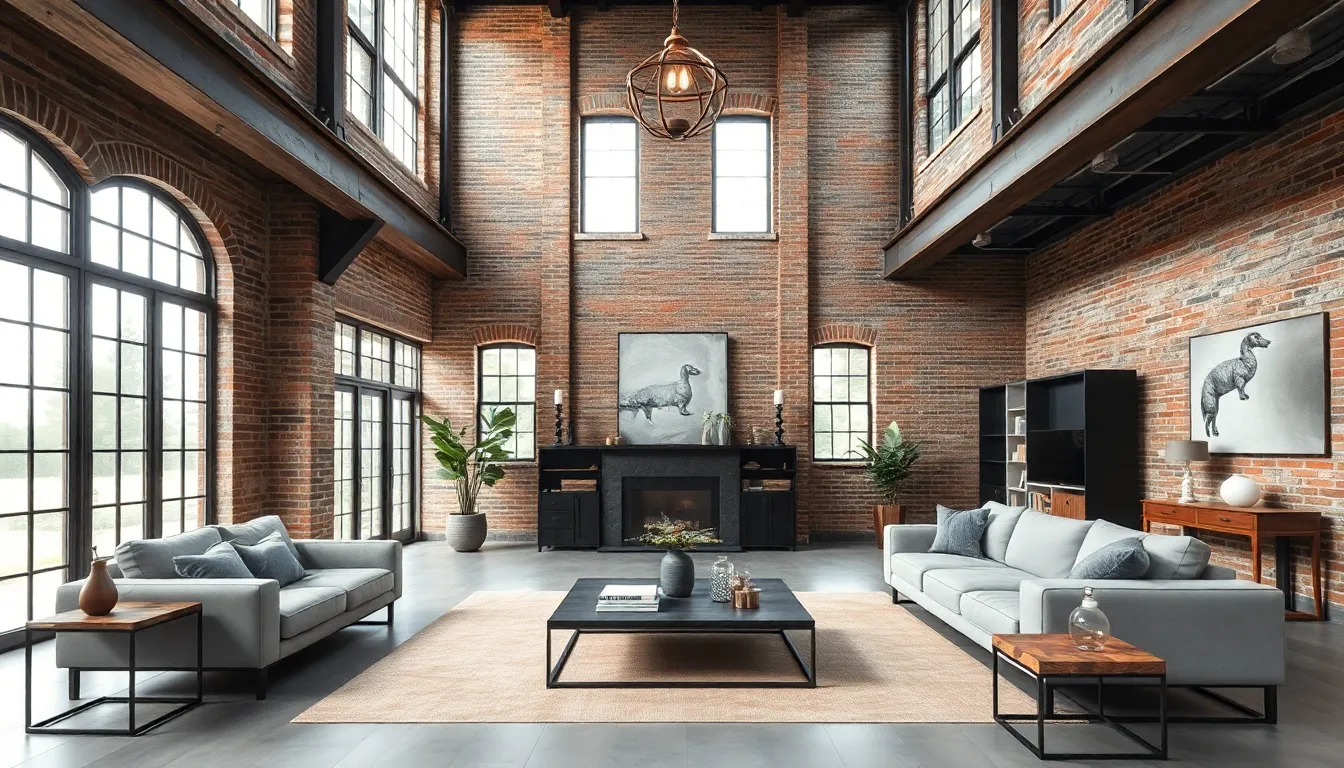 Modern industrial-style home interior with exposed brick and large windows.