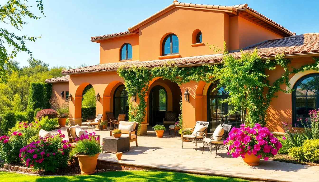 Mediterranean home exterior with arched doorways and terracotta roofs.