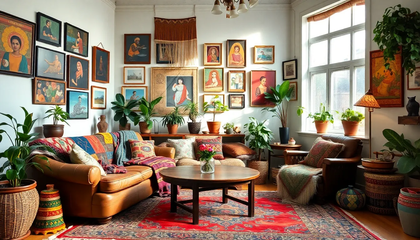 eclectic living room with Bohemian style decor.