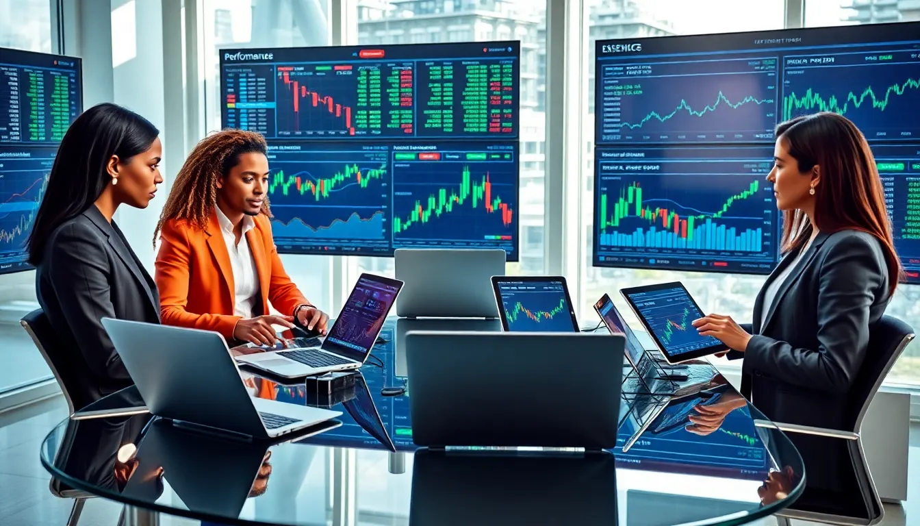 diverse team discussing performance brokerage services in a modern office.