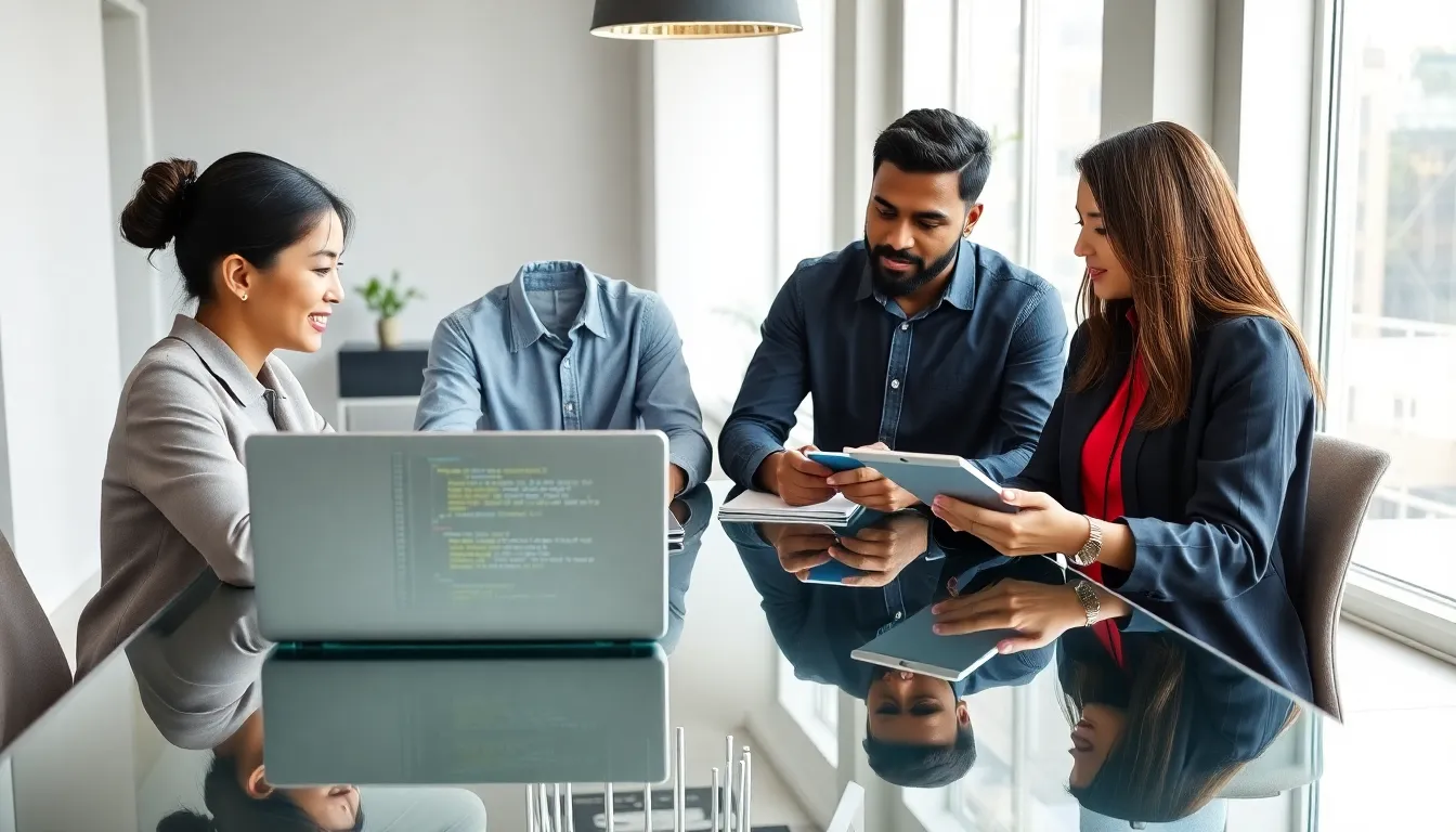developers collaborating in a modern office setting with laptops and notepads.